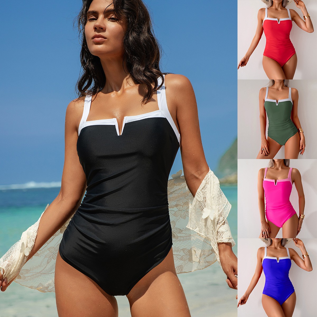 Swimsuit Bikini Ruched - Swimwear Woman One Piece Swimsuit Sleeveless