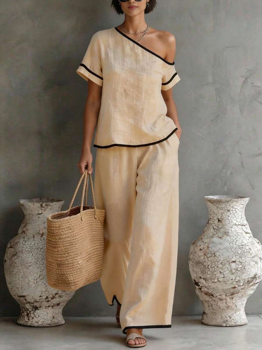 Womens Beige Asymmetric Top An - Linen Pant Wide incelemesi ve fiyatı