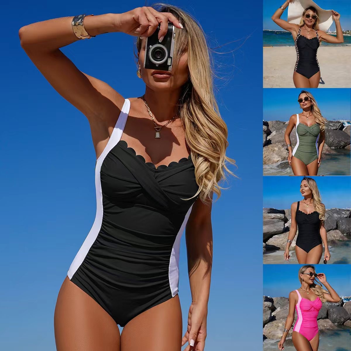 Black Swimsuit Scalloped Neckl - Swimsuit Bikini Ruched incelemesi ve fiyatı
