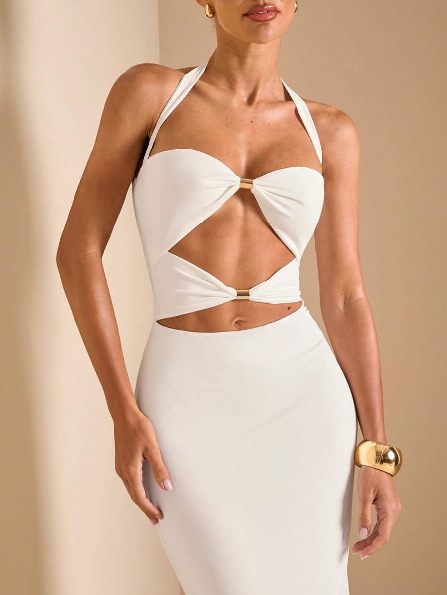 White Cut Out Halter Neck Fitt - Maxi Dress Halter incelemesi ve fiyatı