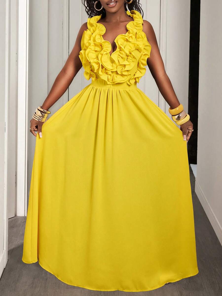 Yellow Deep V-Neck Ruffle Halt - Maxi Dress Halter incelemesi ve fiyatı