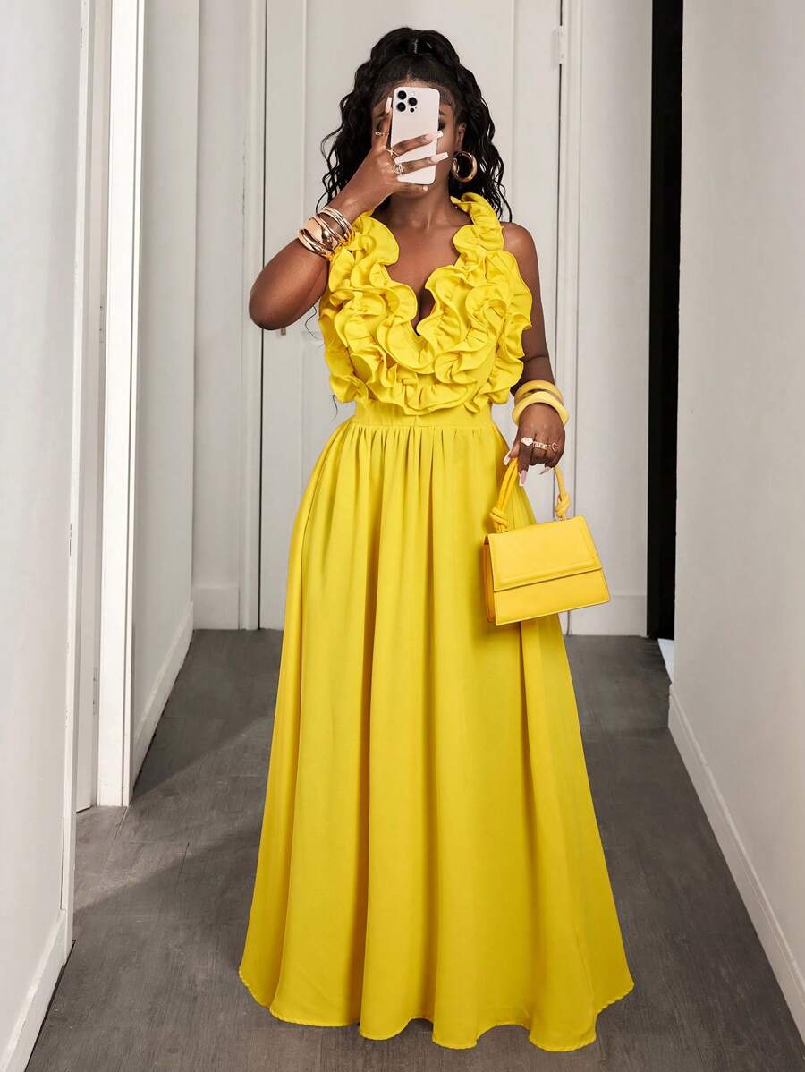 Yellow Deep V-Neck Ruffle Halt - Maxi Dress Halter incelemesi ve fiyatı