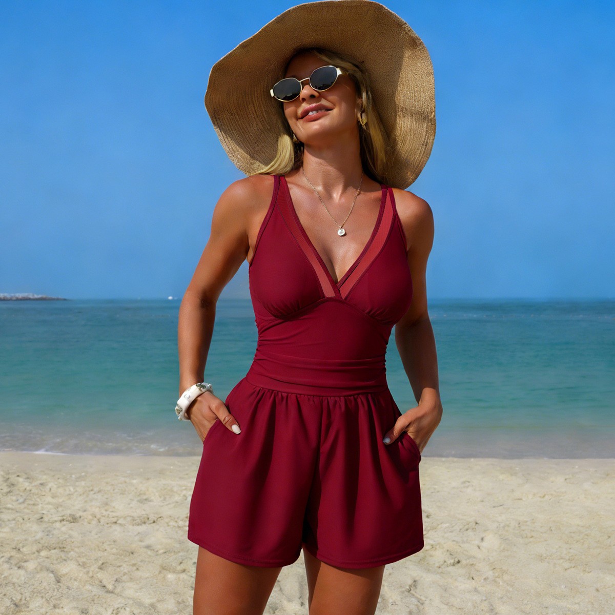 Black Solid Color Sleeveless V - Swimsuit Bikini Ruched incelemesi ve fiyatı
