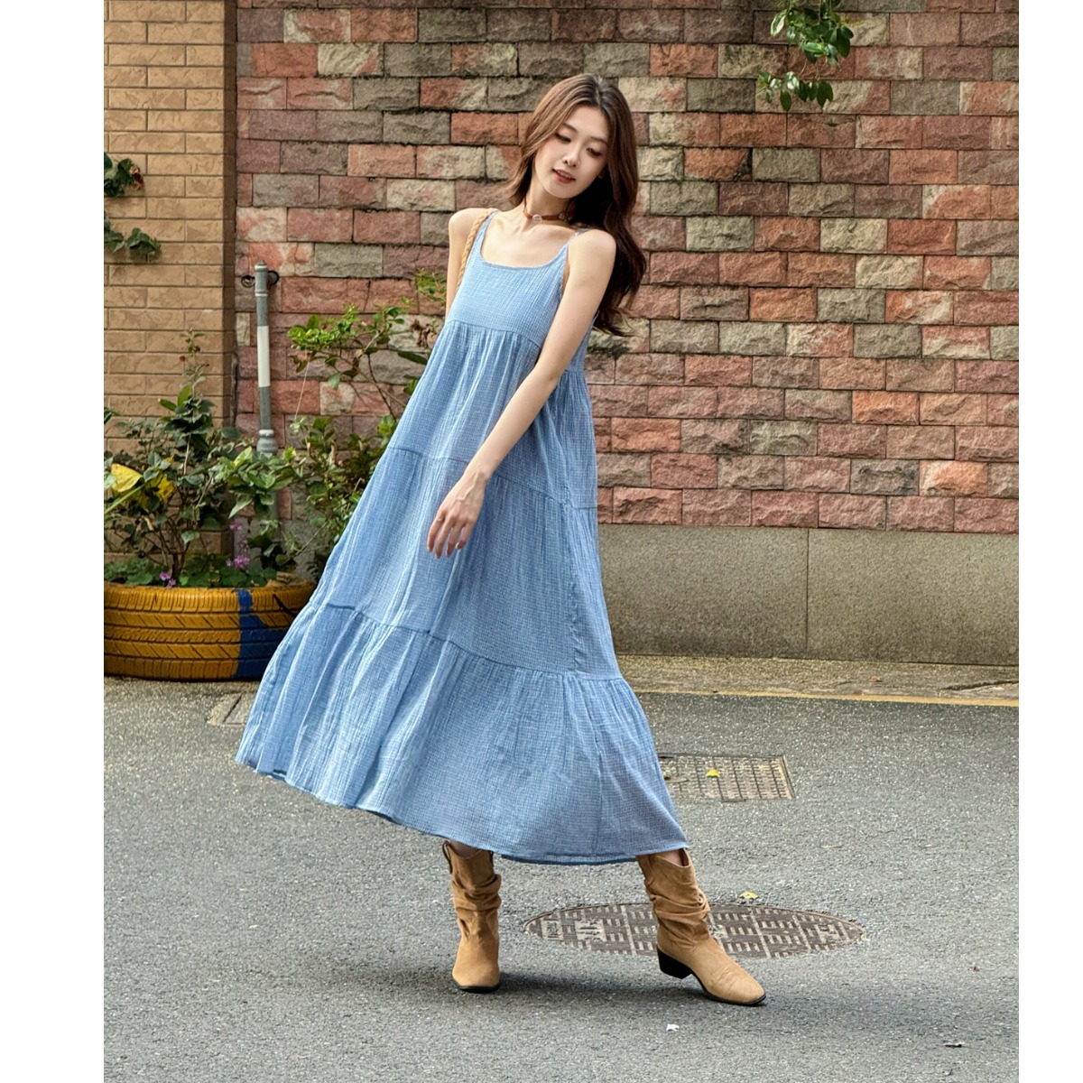 Elegant Blue Plaid Cotton Line - Linen Dress Wrap incelemesi ve fiyatı