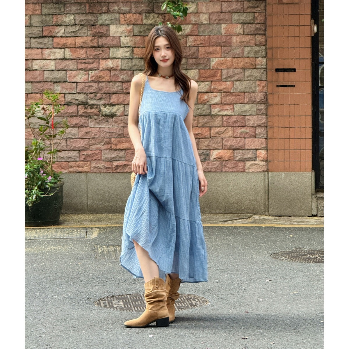 Elegant Blue Plaid Cotton Line - Linen Dress Wrap incelemesi ve fiyatı