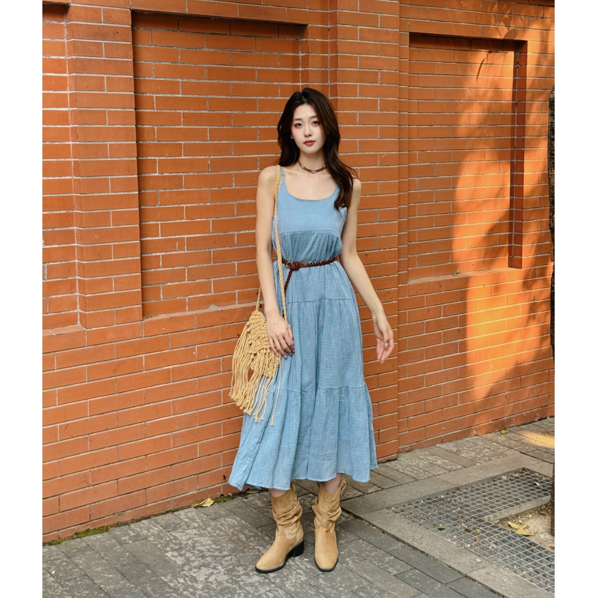 Elegant Blue Plaid Cotton Line - Linen Dress Wrap incelemesi ve fiyatı
