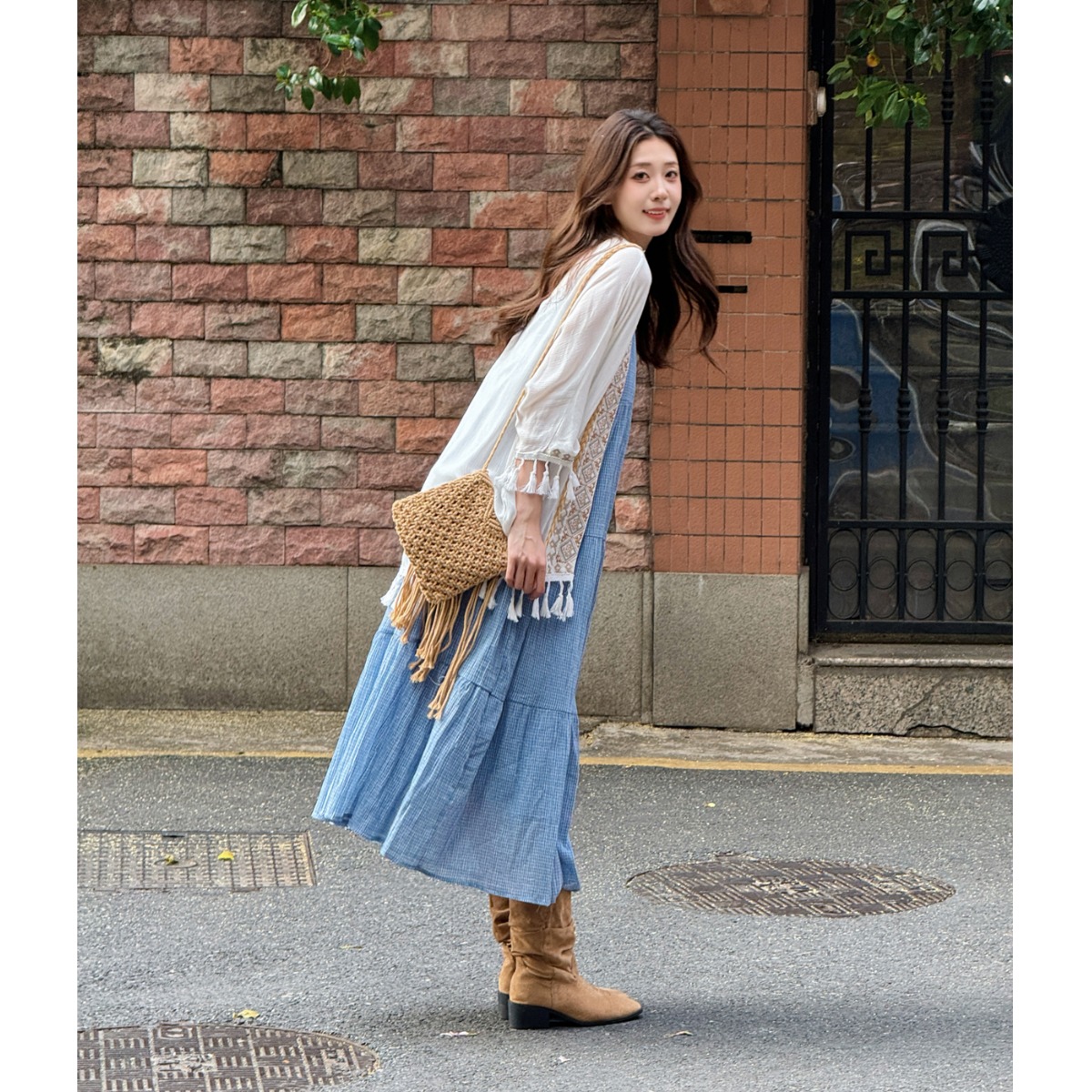Elegant Blue Plaid Cotton Line - Linen Dress Wrap incelemesi ve fiyatı