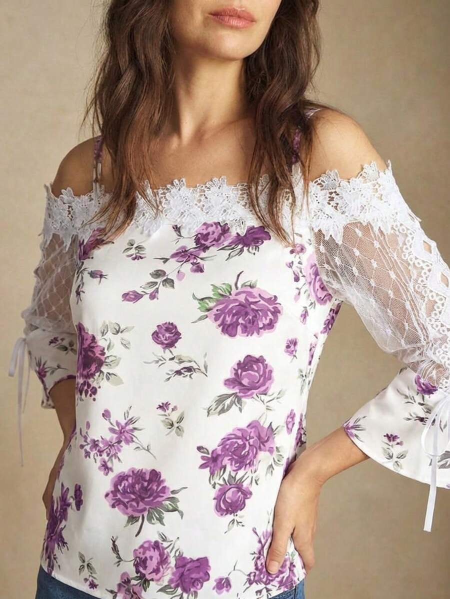 Purple Floral Print Off Should - Blouse Off Shoulder incelemesi ve fiyatı