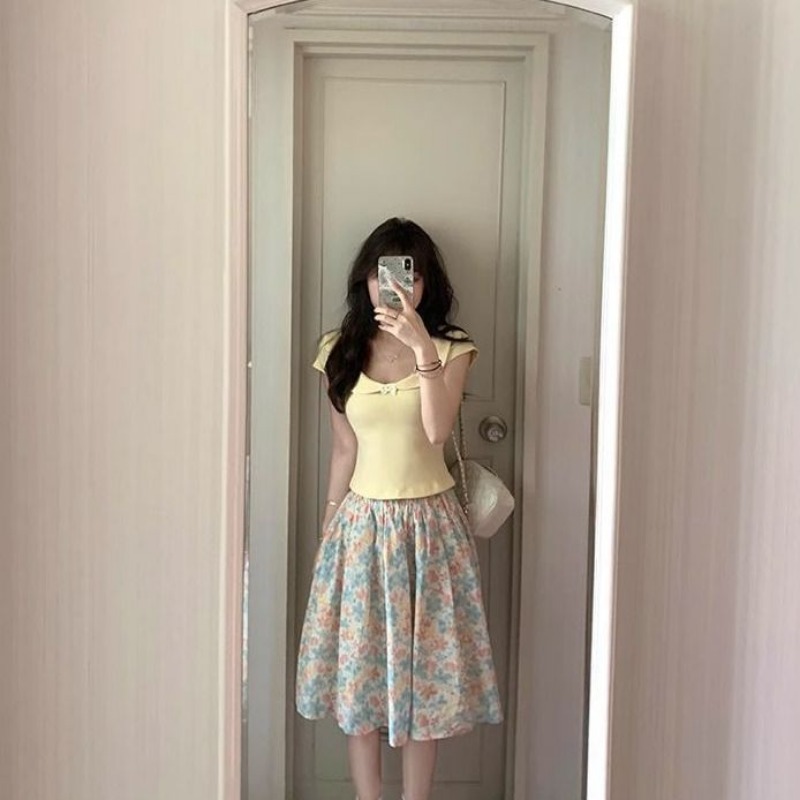 Women 2 Piece Set Bow Top And  - Midi Skirt Floral incelemesi ve fiyatı
