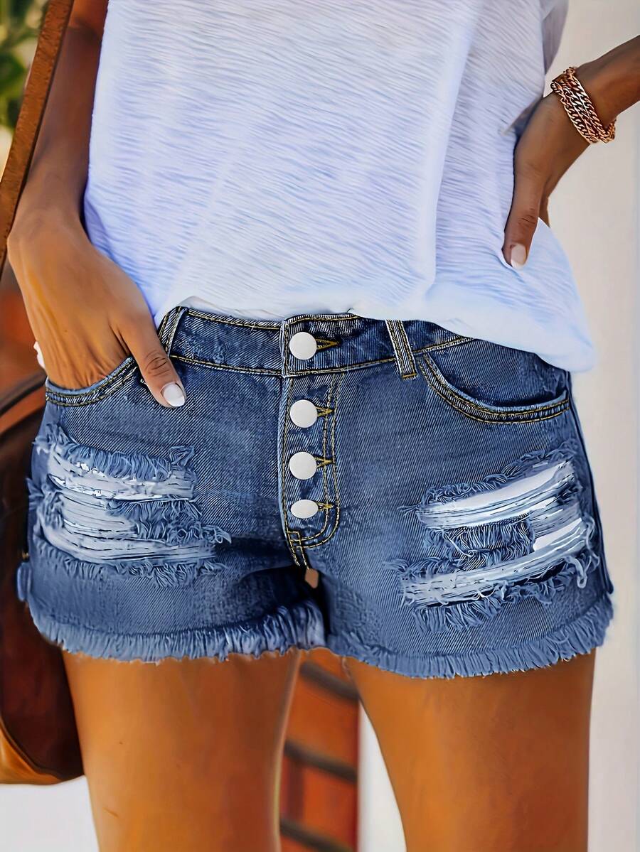 Womens Buttoned Distressed Den - Shorts Denim Frayed incelemesi ve fiyatı
